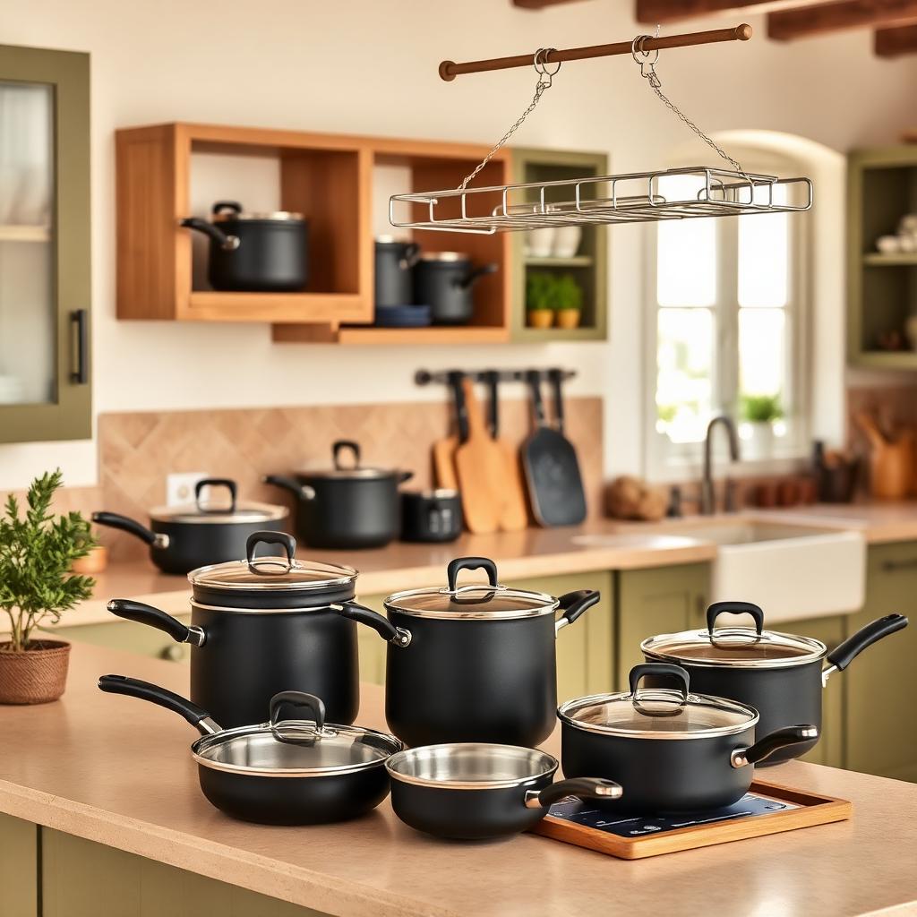 Panelas e frigideiras em ambiente de cozinha